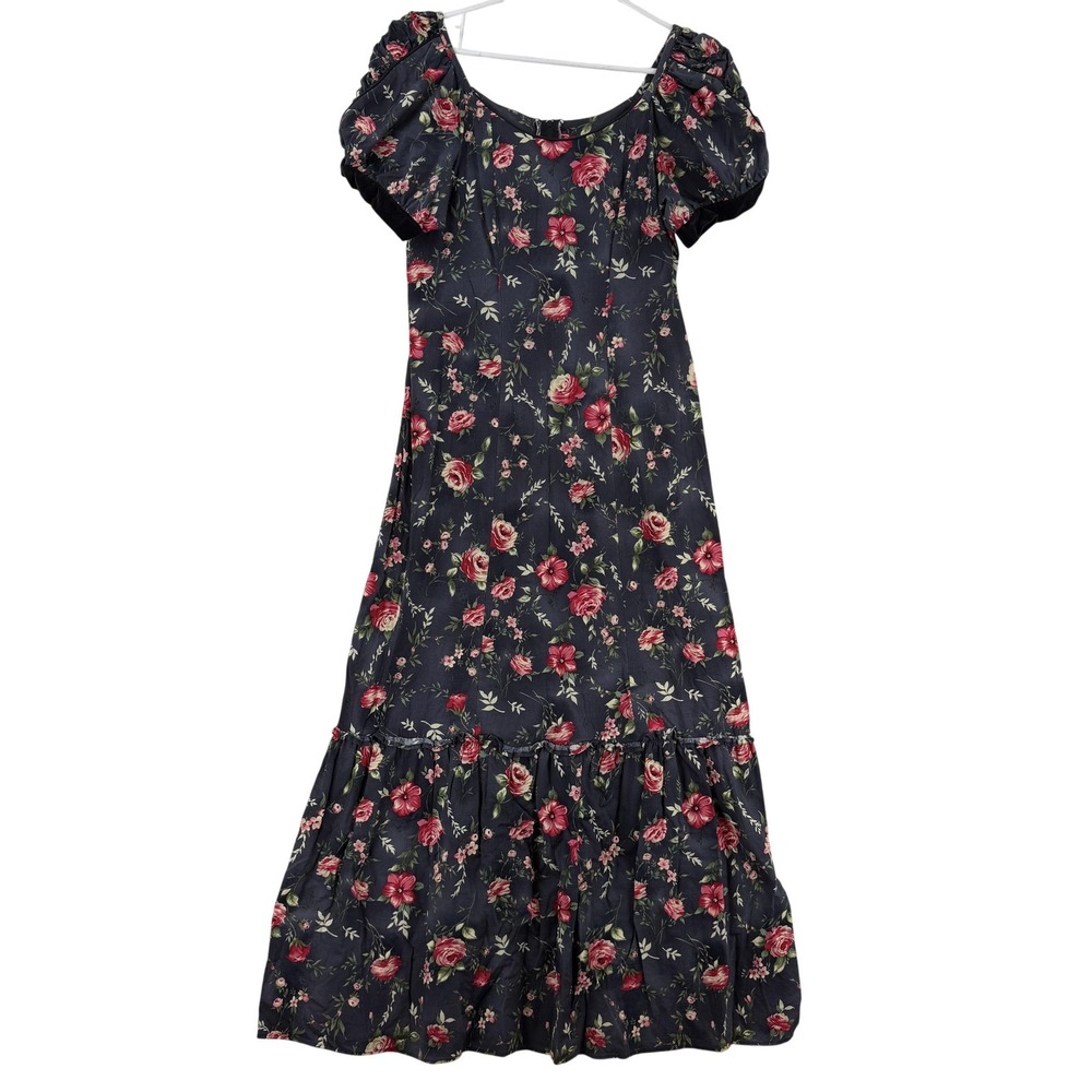 Lauren‎ Michelle Dress Womens Large Blue Floral Puff Sleeve Maxi Sundress Hawaii